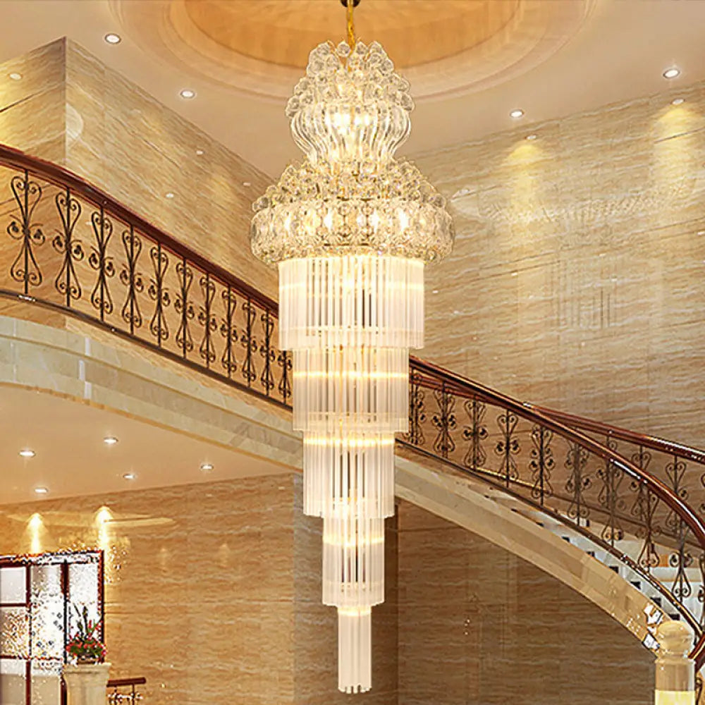 12 Heads Stairway Chandelier Pendant Light With Crystal Rod Gold Suspension Lamp Lighting