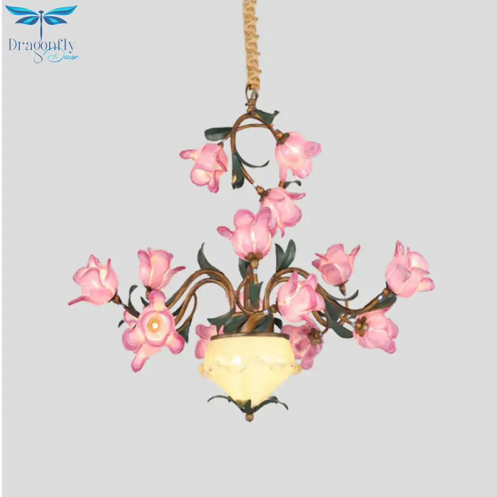 15 Lights Chandelier Pendant Light American Flower Metal Led Suspension Lamp In Brass For Bedroom