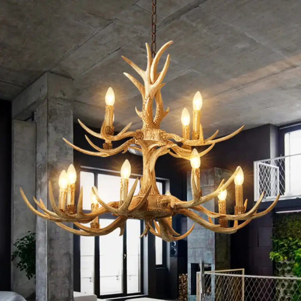 2 - Tier Resin 12 Heads Chandelier Hanging Ceiling Lamp In Brown For Living Room