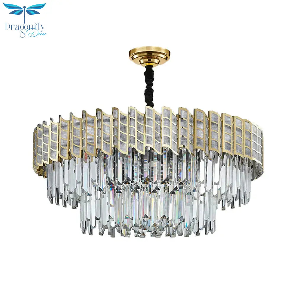 2 - Tiered 9 Bulb Crystal Ceiling Pendant Light Chandelier In Gold