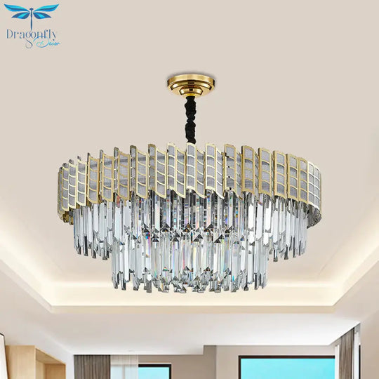 2 - Tiered 9 Bulb Crystal Ceiling Pendant Light Chandelier In Gold