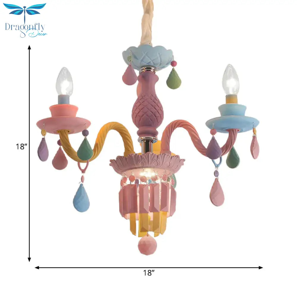 3/5 Bulbs Candle Chandelier Pendant Light Macaron Glass Hanging With Crystal Accent In Multi Color