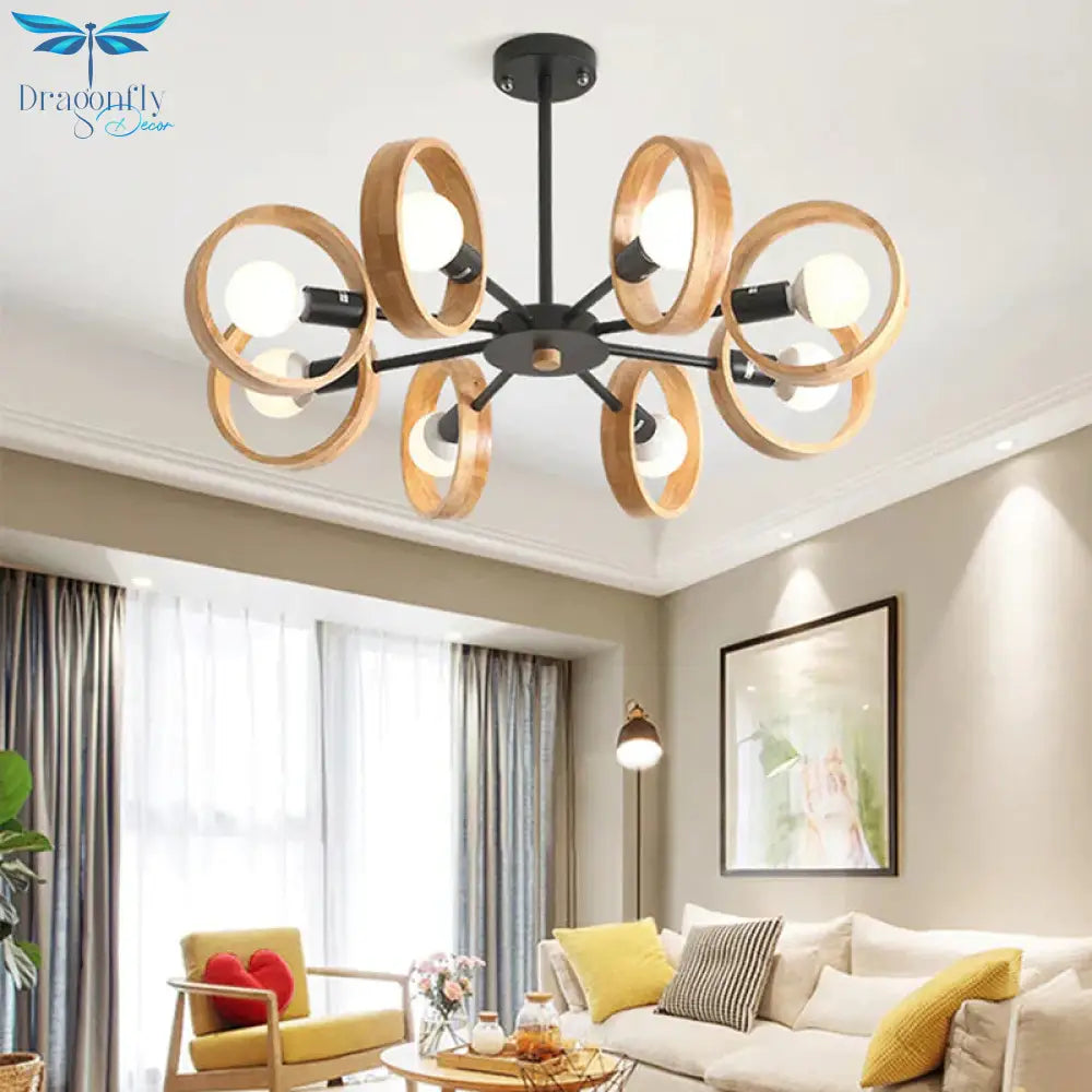 3/6/8 Heads Round Chandelier Light Contemporary Wood Hanging Ceiling In Black/White For Living Room