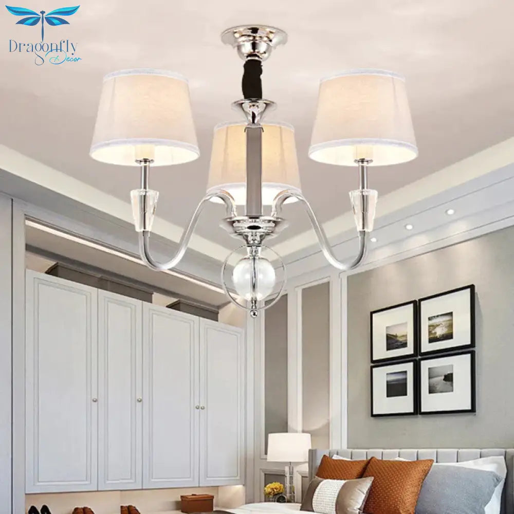 3/6 Bulbs Cone Chandelier Light Classic White Fabric Hanging Ceiling Fixture For Bedroom