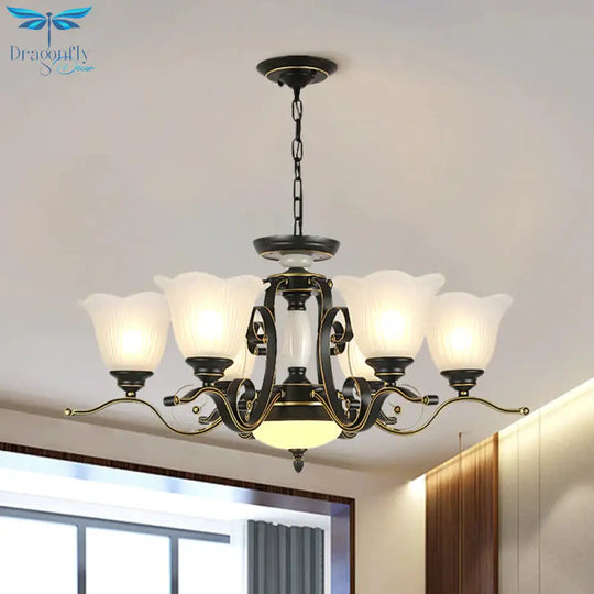 3/6 Heads Blossom Chandelier Lamp Traditional Black Opaline Glass Suspension Lighting With Scroll