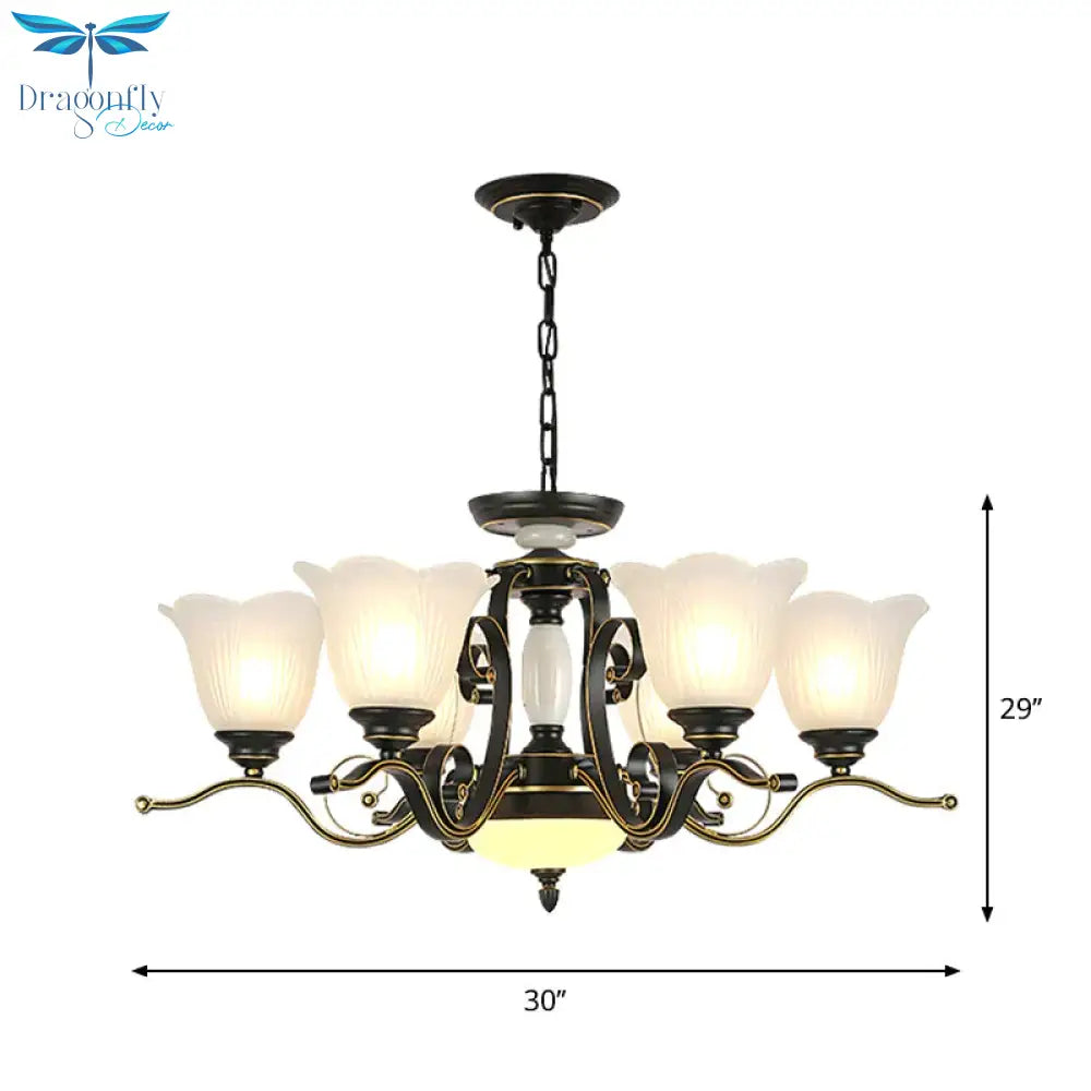 3/6 Heads Blossom Chandelier Lamp Traditional Black Opaline Glass Suspension Lighting With Scroll