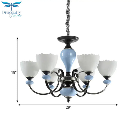 3/6 Heads Pendant Chandelier Countryside Bowl White Glass Ceiling Light In Black With Swooping Arm