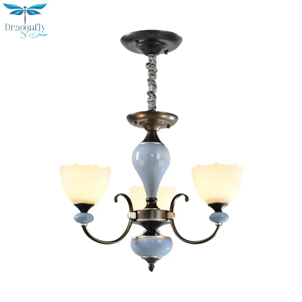 3/6 Heads Pendant Chandelier Countryside Bowl White Glass Ceiling Light In Black With Swooping Arm