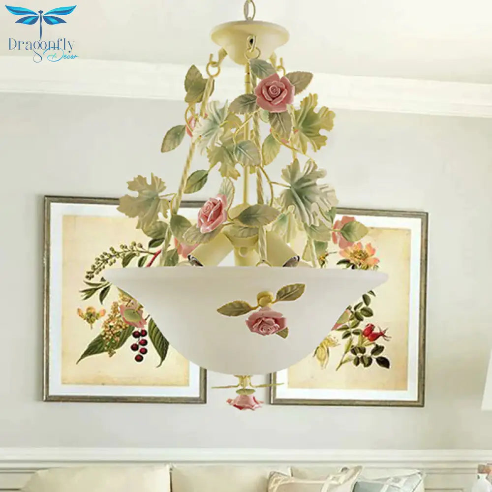 3 - Light Inverted Hat Shade Chandelier American Flower Green Opaline Glass Ceiling Pendant Lamp