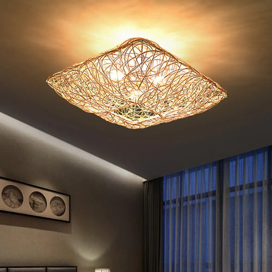 3 - Light Square Ceiling Flush Mount Light In Rattan Wood For Bedroom / 16’ Pendant Lighting