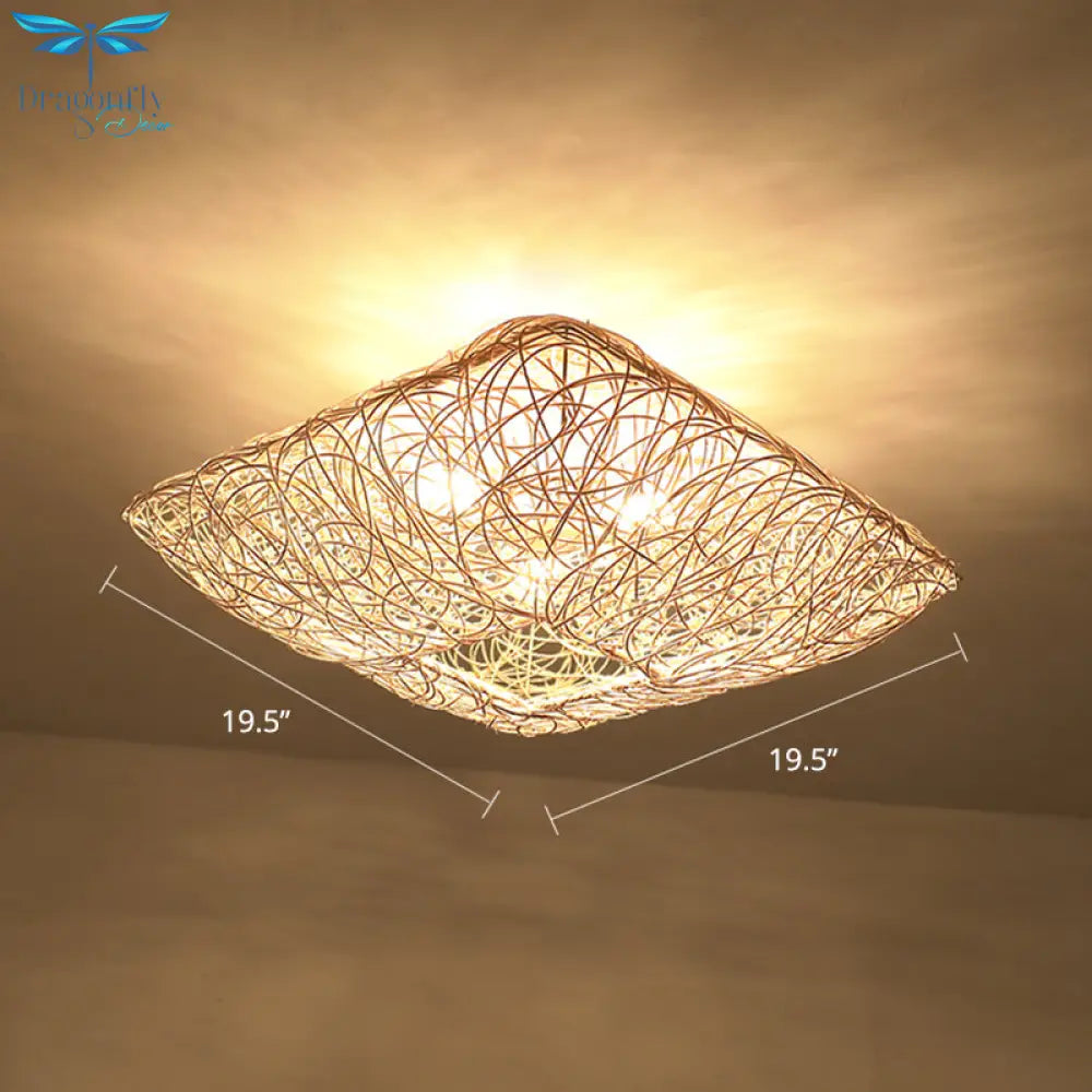 3 - Light Square Ceiling Flush Mount Light In Rattan Wood For Bedroom Pendant Lighting