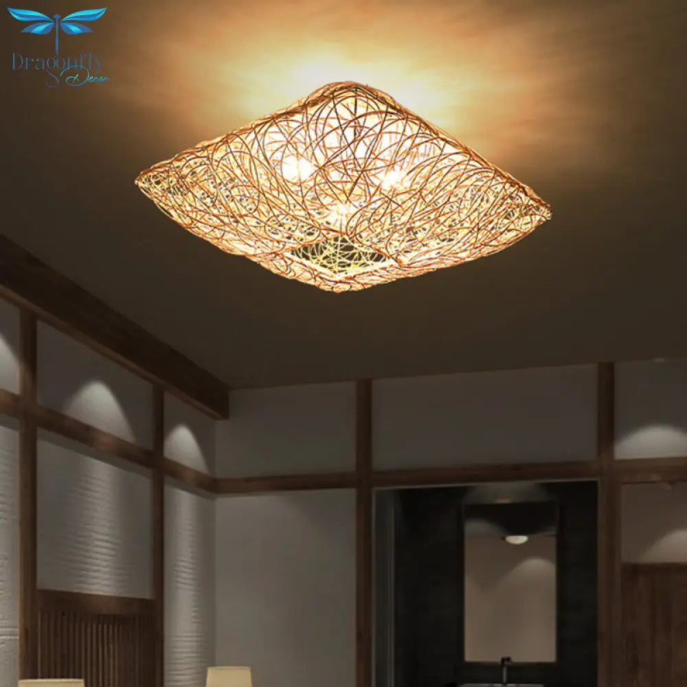 3 - Light Square Ceiling Flush Mount Light In Rattan Wood For Bedroom Pendant Lighting