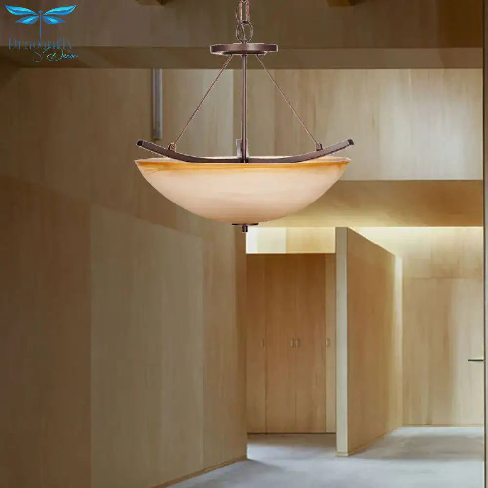 3 Lights Bowl Chandelier Light Traditional Beige Glass Suspension Lighting For Corridor