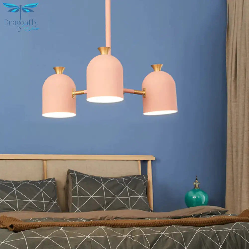 3 Lights Cup Hanging Light Macaron Style Metal Chandelier In Pink For Girls Bedroom