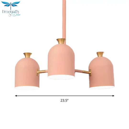 3 Lights Cup Hanging Light Macaron Style Metal Chandelier In Pink For Girls Bedroom