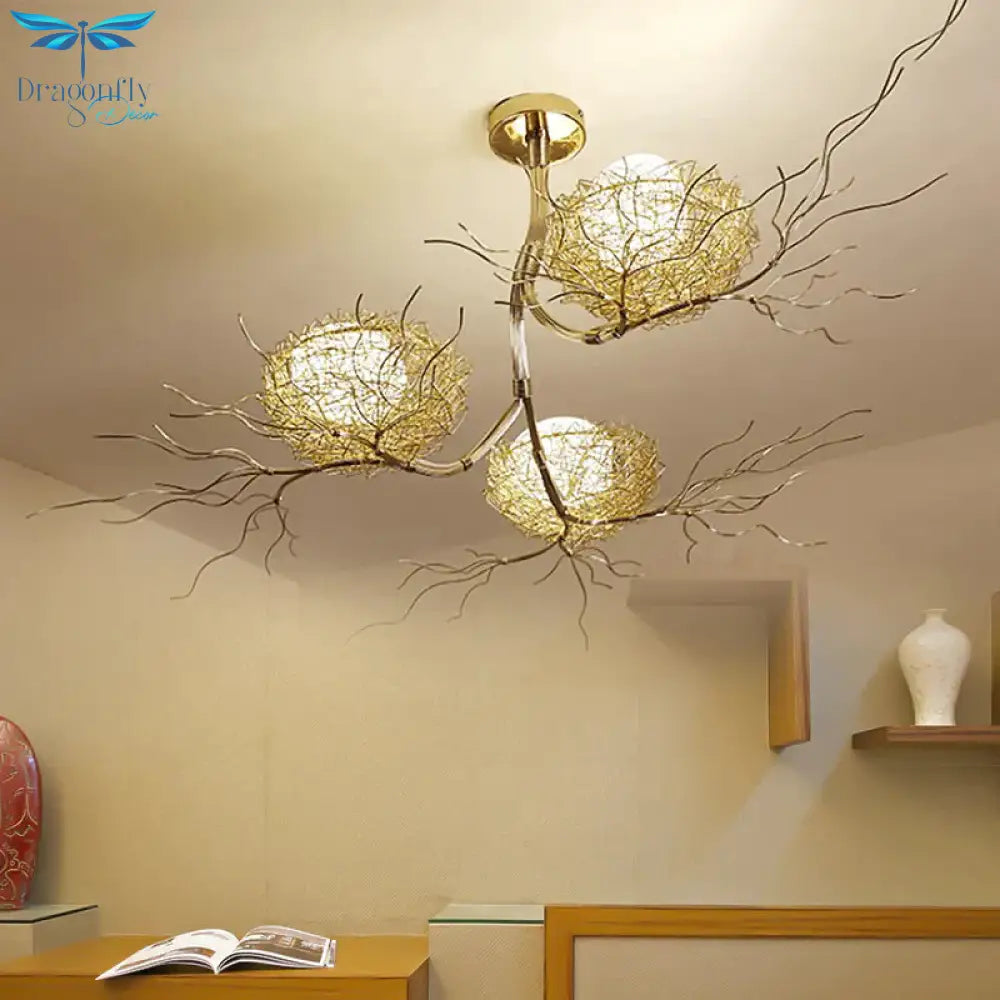 3 Lights Study Room Ceiling Chandelier Gold Hanging Lamp Kit With Egg White Glass Shade And