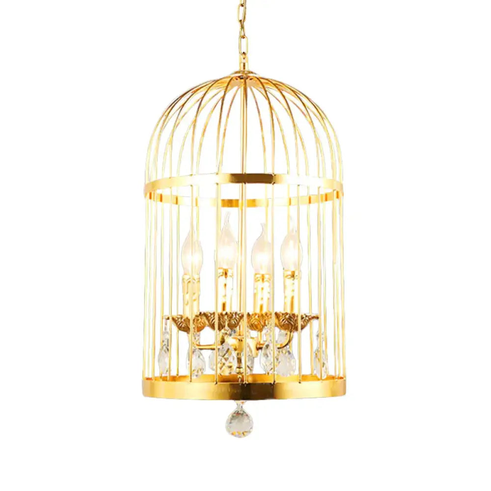 4 Bulbs Bird Cage Ceiling Chandelier Traditional Metal Suspended Lighting Fixture In Gold With