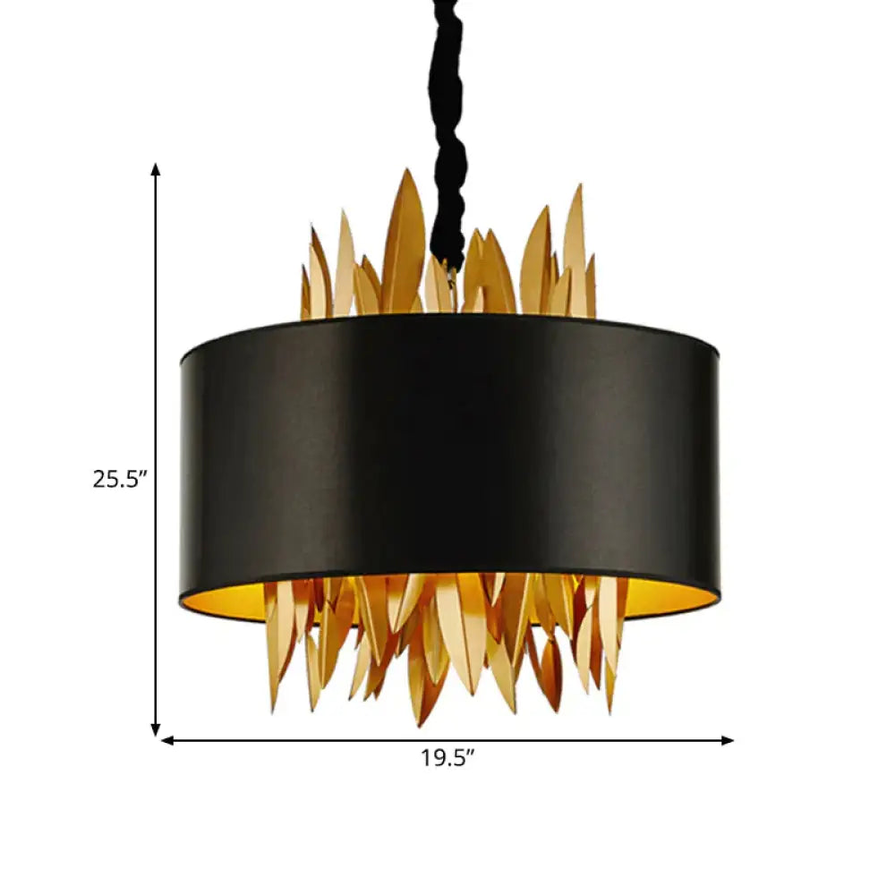 4 Lights Fabric Chandelier Lamp Country Black Round Dining Room Hanging Ceiling Light With Metal