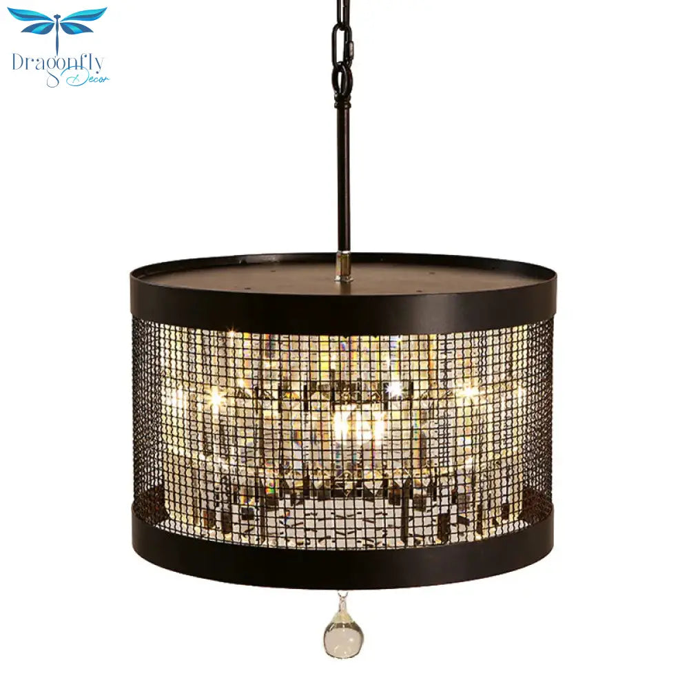 4 Lights Metal Hanging Chandelier Country Black Round Living Room Pendant Light Fixture With