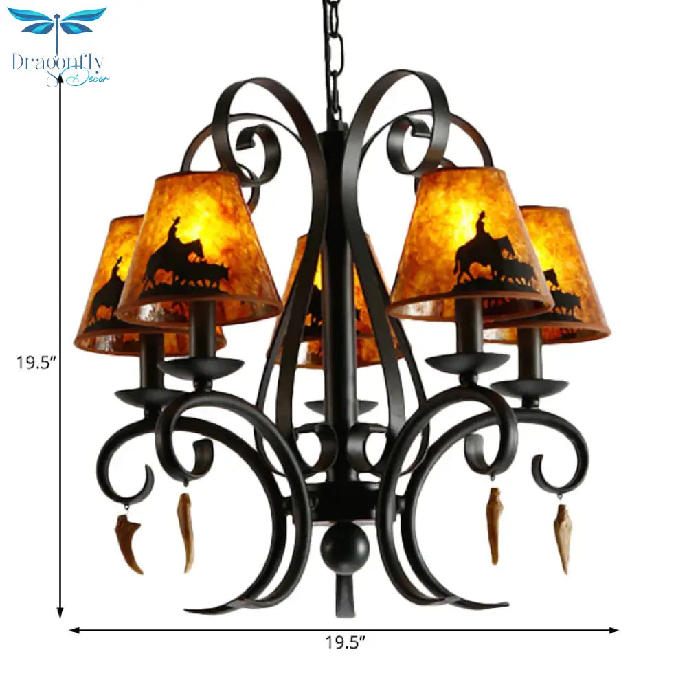 5 Bulbs Dining Room Ceiling Lamp Country Metal Black Chandelier Pendant Light With Cone Fabric Shade