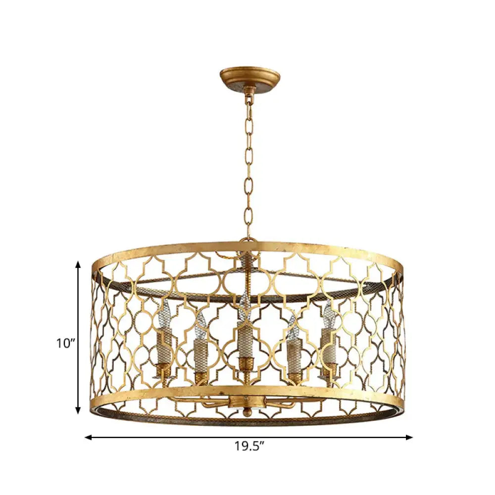 5 Lights Ceiling Suspension Lamp Country Drum Metal Chandelier Lighting In Gold With Living Room