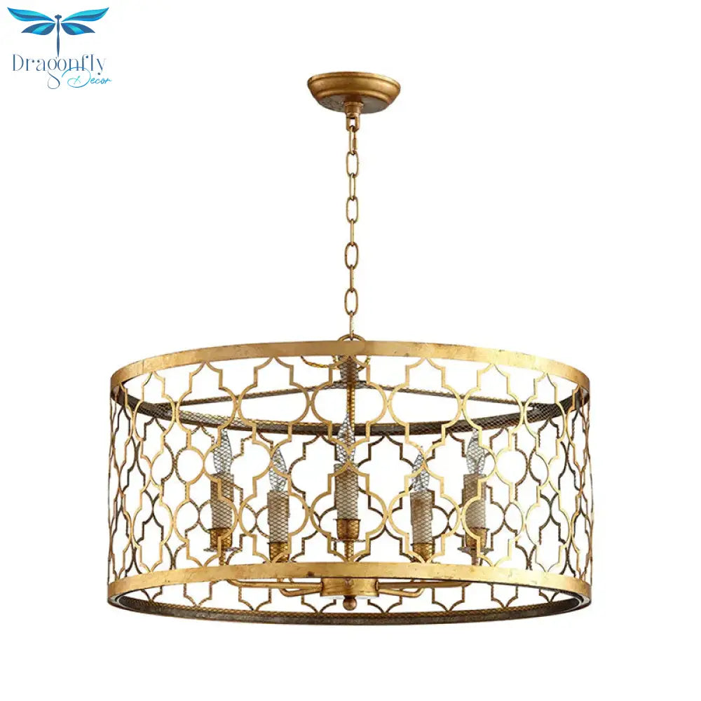 5 Lights Ceiling Suspension Lamp Country Drum Metal Chandelier Lighting In Gold With Living Room