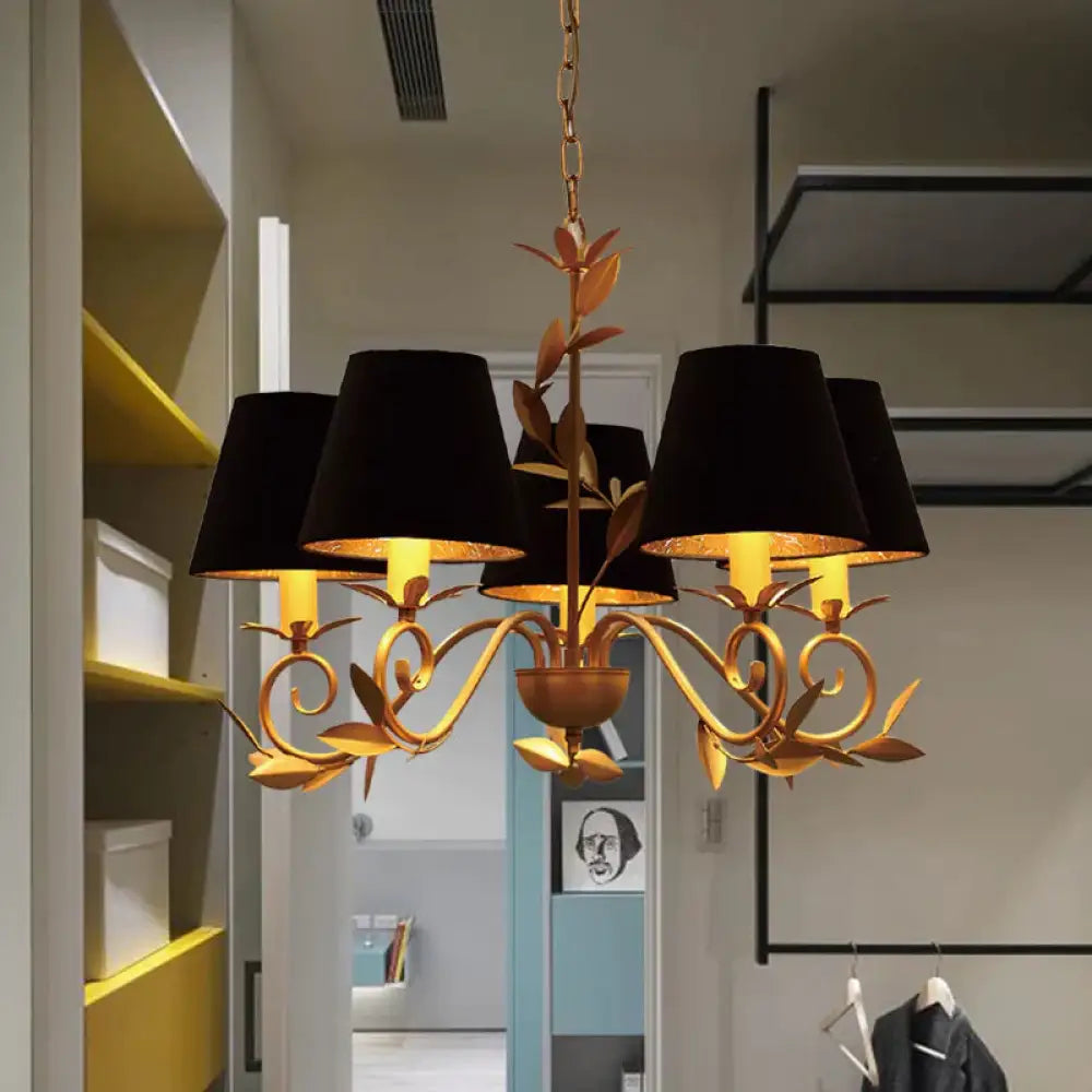 5 Lights Cone Pendant Lighting Vintage Black Fabric Hanging Chandelier For Dining Room
