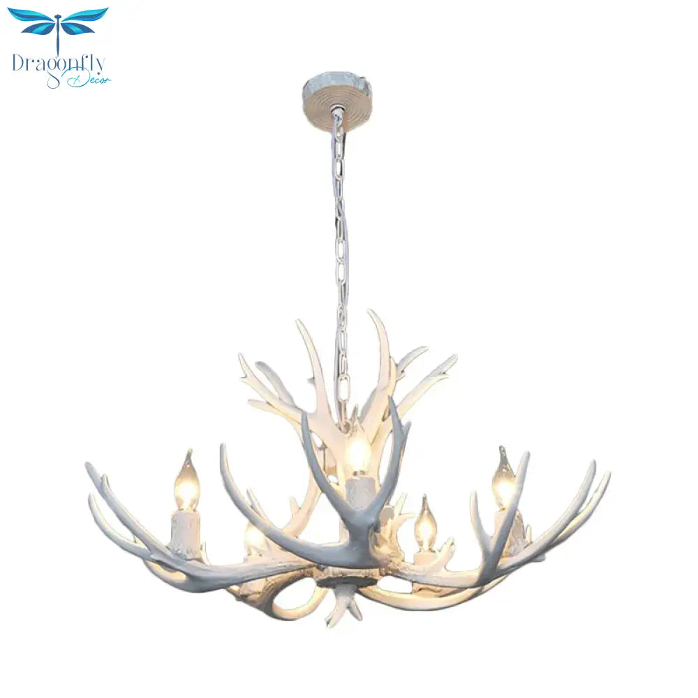 5 Lights Resin Chandelier Lamp Classic White/Brown And Yellow Antler Dining Room Hanging Ceiling