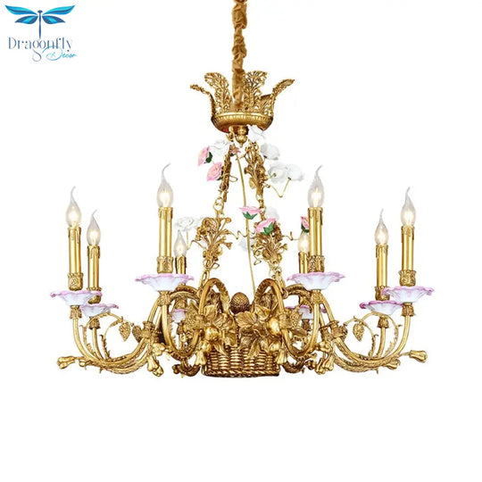 6/8/15 Lights French Pastoral Copper Flower Basket Chandelier European Style Classic Living Dining