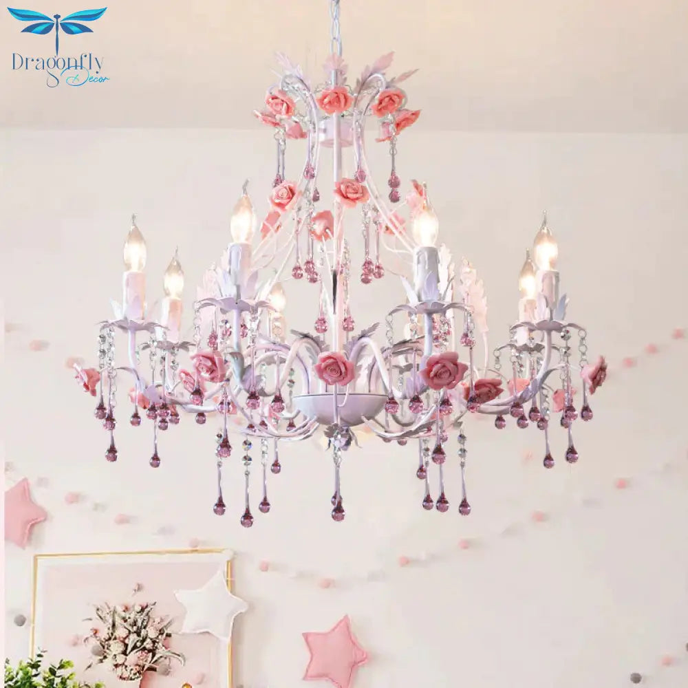 6/8 Bulbs Candle Hanging Chandelier Traditionalist White Crystal Ceiling Suspension Lamp For Bedroom