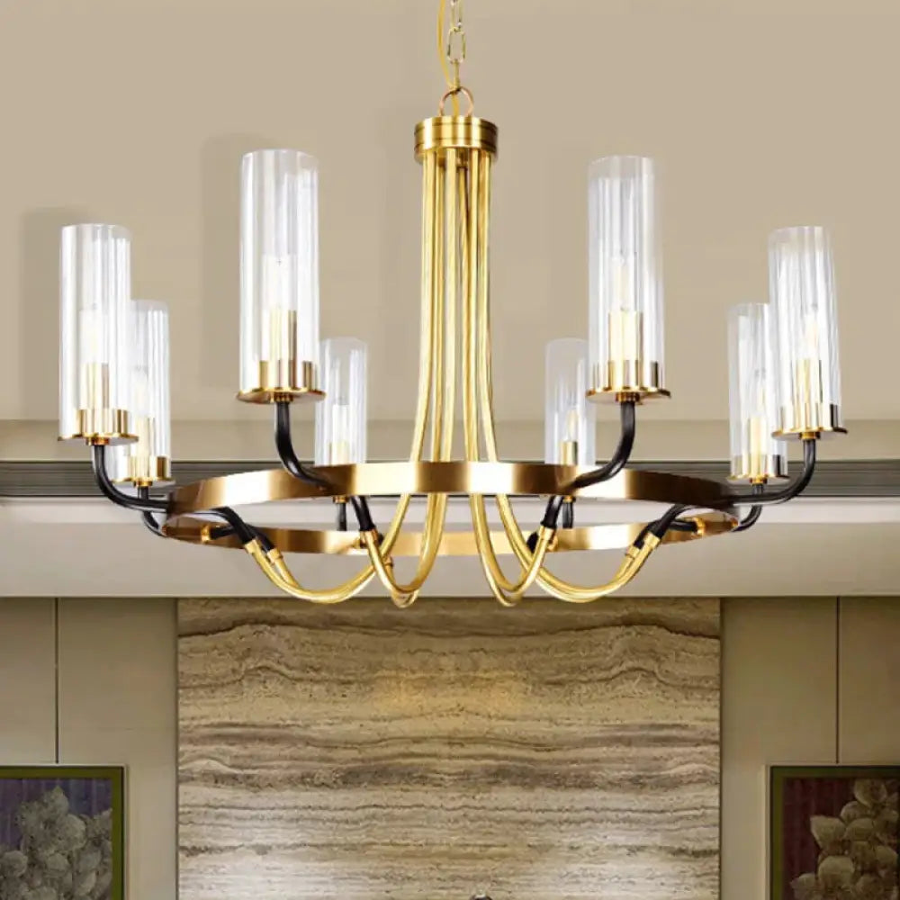 6/8 Lights Pendant Light Classic Tube Clear Glass Hanging Chandelier In Black/Gold With Wheel