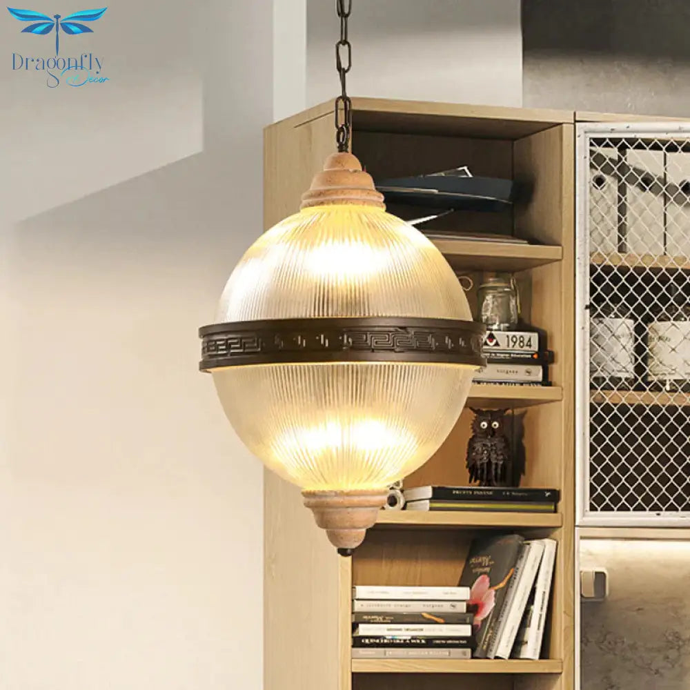 6 - Bulb Chandelier Lighting Rural Living Room Pendant Light Fixture With Globe Clear Ribbed Glass