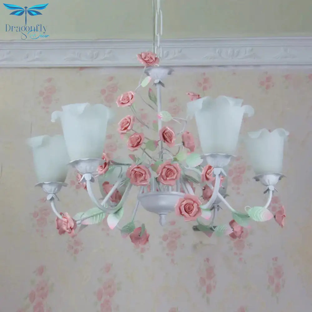 6 - Bulb White Glass Chandelier Lamp Pastoral Pink Rose Living Room Hanging Pendant Light