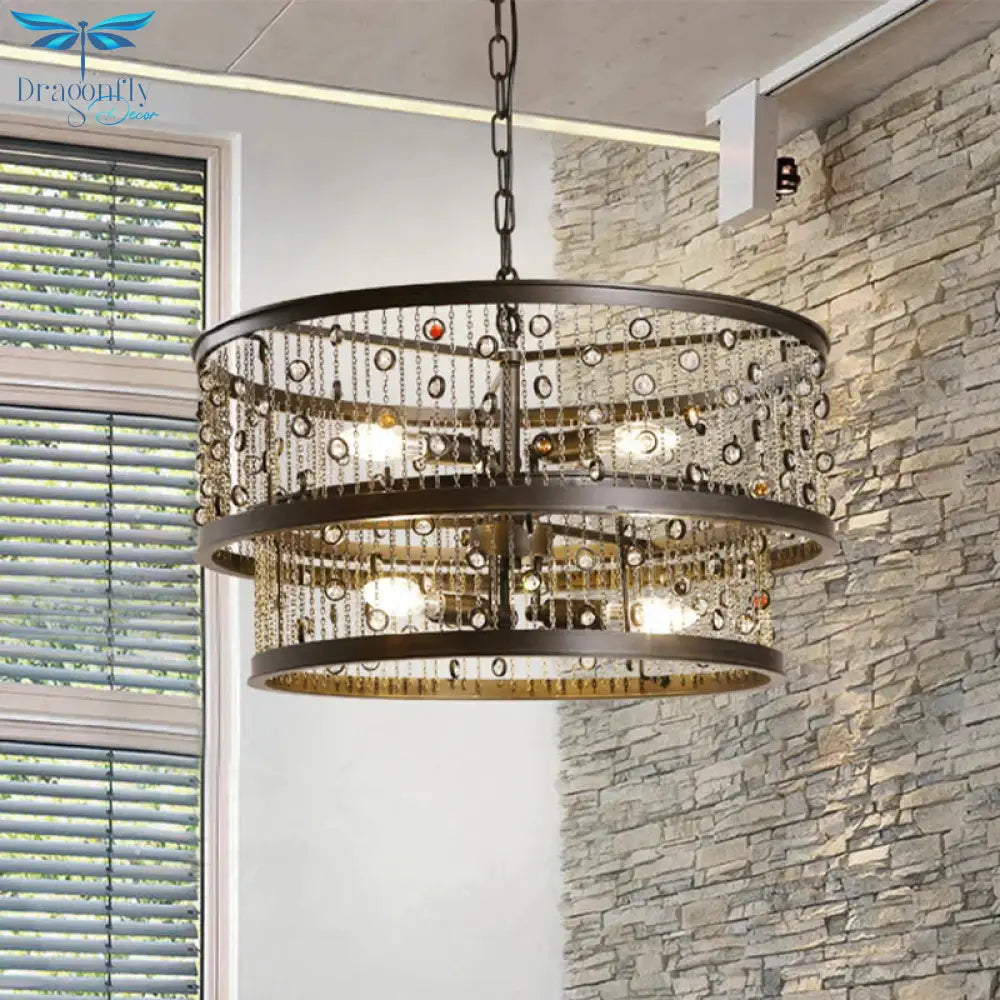 6 Bulbs 2 - Tier Round Chandelier Lighting Antique Bronze Metal Pendang Light Fixture For Bedroom