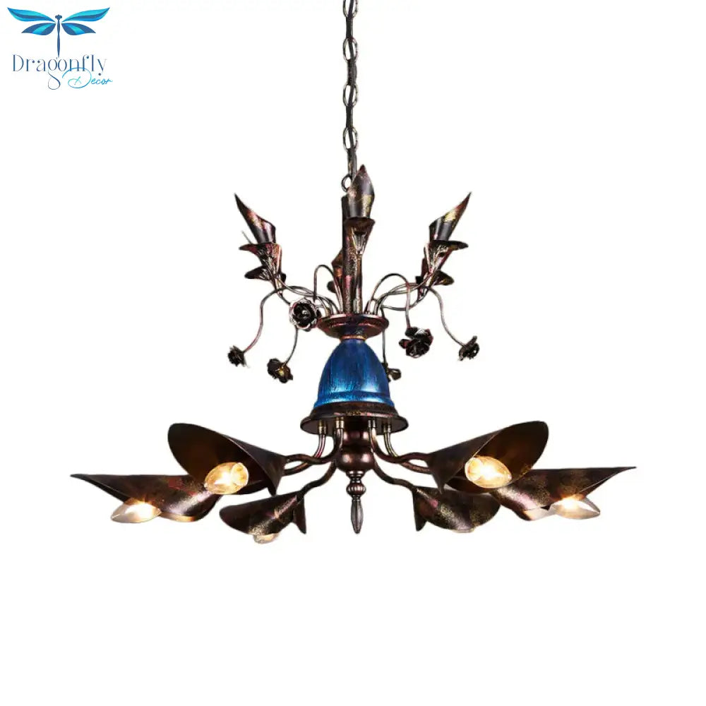 6 - Light Bell Chandelier Traditional Blue Iron Hanging Pendant With Red Flame Conical Shade