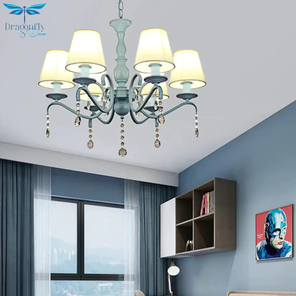 6 - Light Tapered Shade Chandelier With Crystal Bead Kids Metal Hanging Light In Blue For Foyer