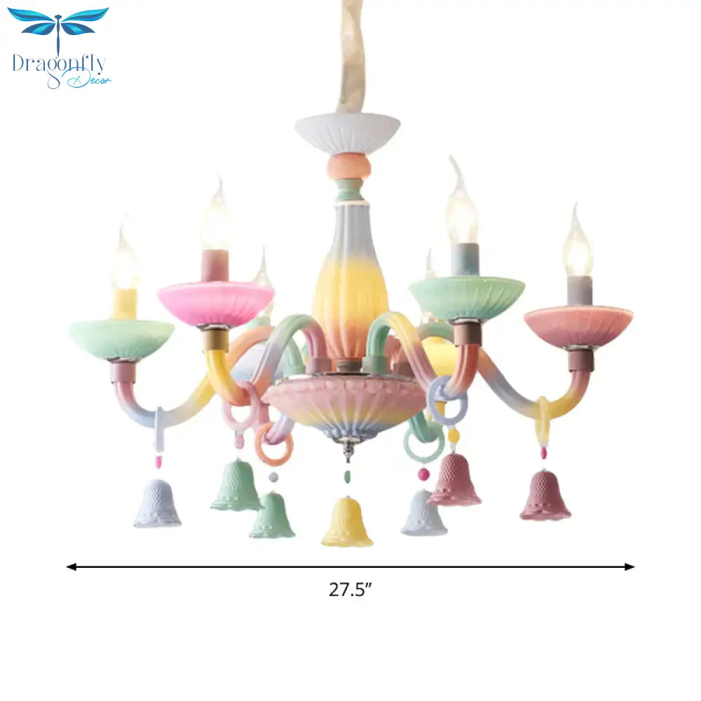 6 Lights Candle Hanging Light With Bell Deco Modern Glass Colorful Chandelier For Girl Bedroom