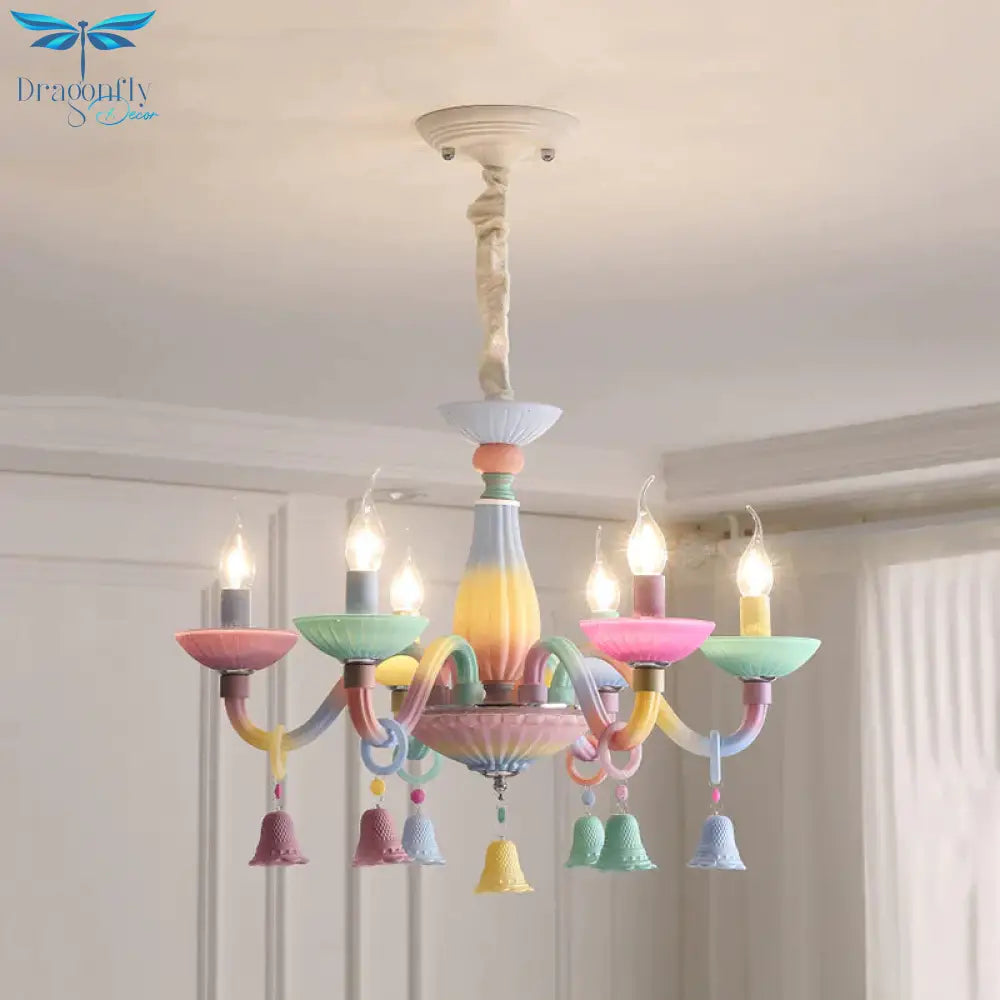 6 Lights Candle Hanging Light With Bell Deco Modern Glass Colorful Chandelier For Girl Bedroom Blue