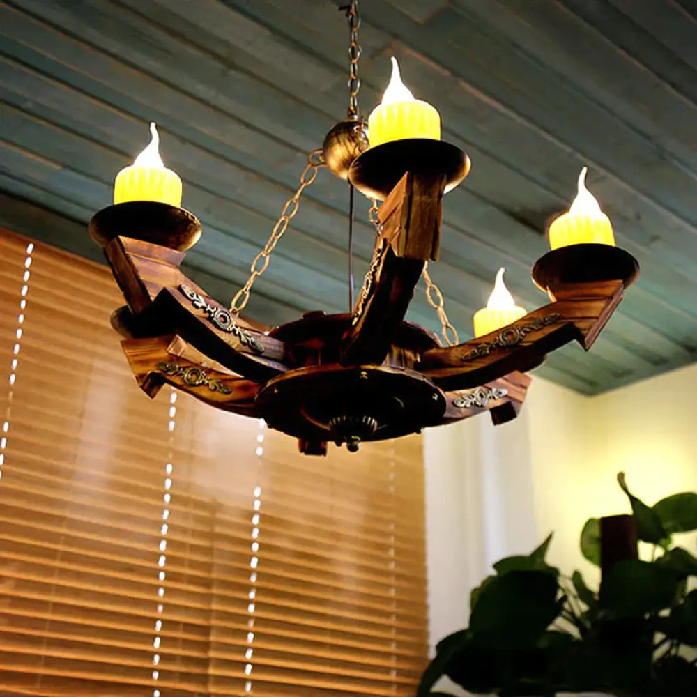 6 Lights Dark Wood Resin Pendant Lighting For Restaurant