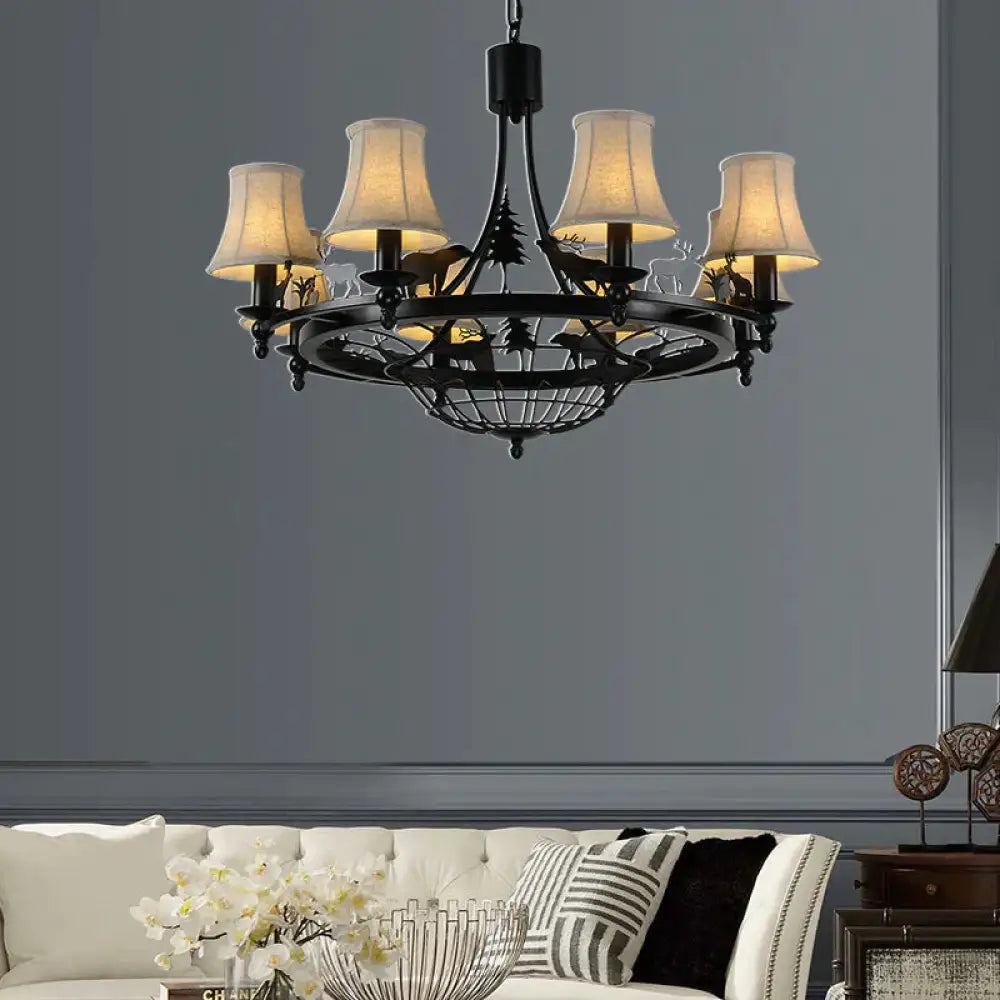 6 Lights Fabric Chandelier Light Fixture Traditional Black Cone Living Room Ceiling