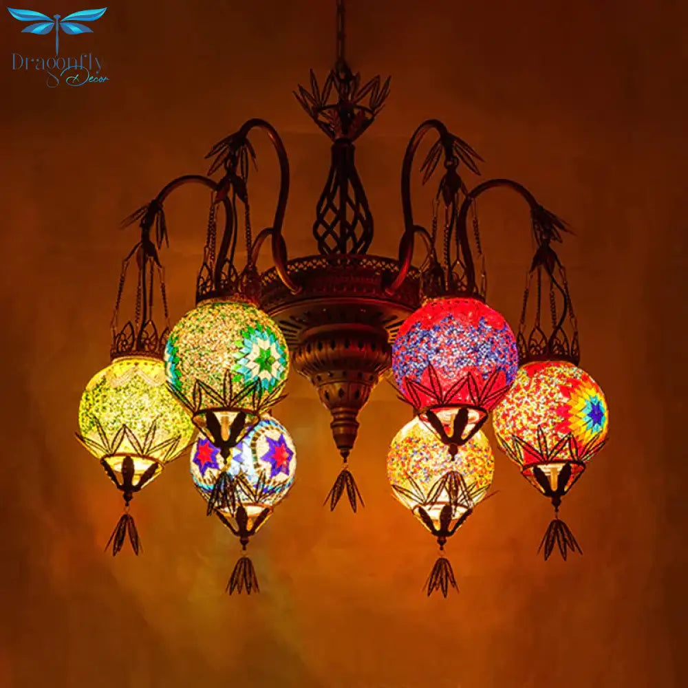 6 Lights Globe Hanging Chandelier Moroccan Brass Cut Glass Suspension Pendant For Dining Room