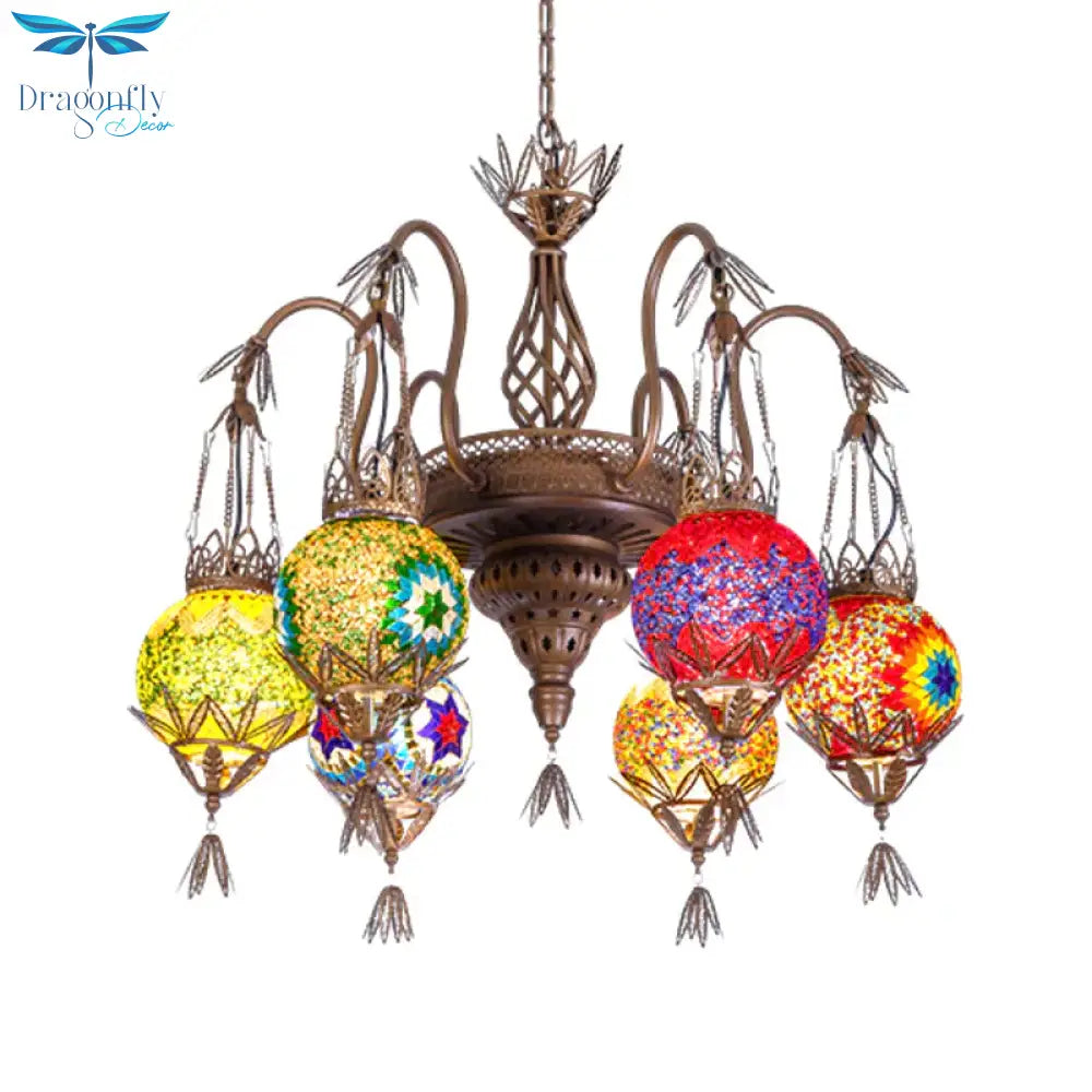 6 Lights Globe Hanging Chandelier Moroccan Brass Cut Glass Suspension Pendant For Dining Room