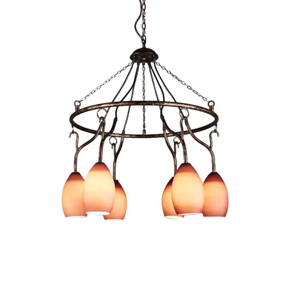 6 Lights Ring Hanging Light With Pink Melon Shade Antique Glass Chandelier For Cafe