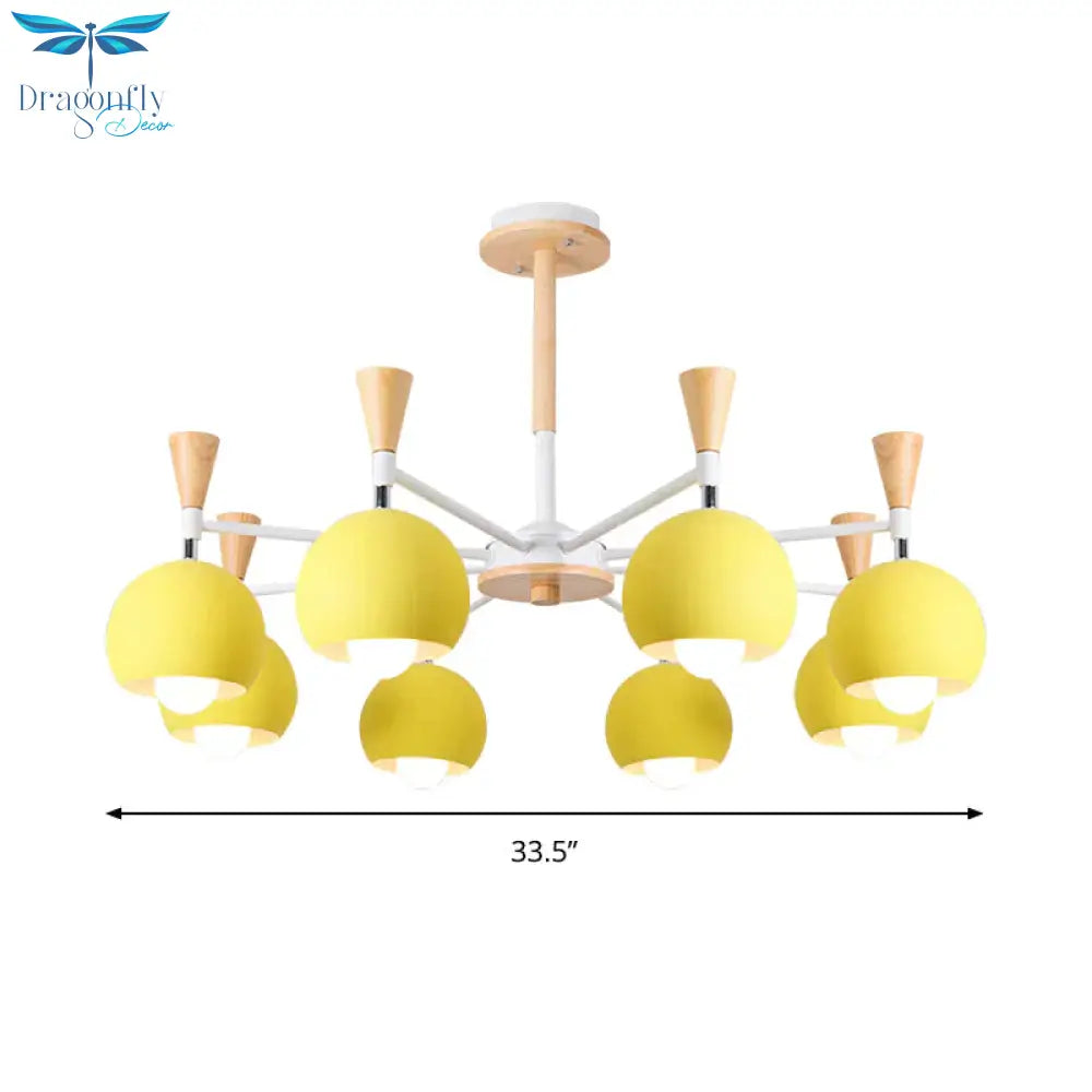 6 Lights Spherical Ceiling Pendant Macaron Metal Chandelier In Yellow For Living Room