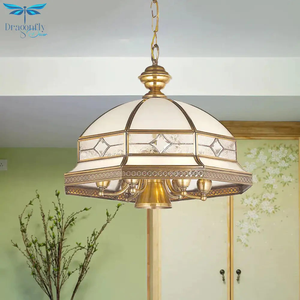 7 Bulbs Sandblasted Glass Chandelier Colonial Gold Dome Living Room Pendant Lighting Fixture