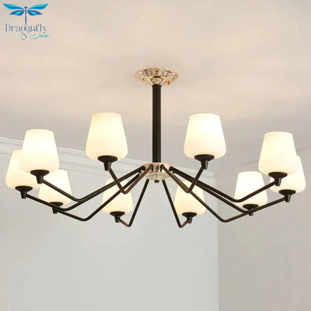 8/10 Lights Sputnik Chandelier Traditional Black Milky Glass Pendant Light Fixture With Cup Shade