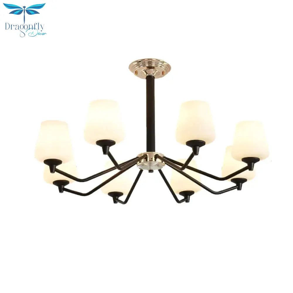 8/10 Lights Sputnik Chandelier Traditional Black Milky Glass Pendant Light Fixture With Cup Shade