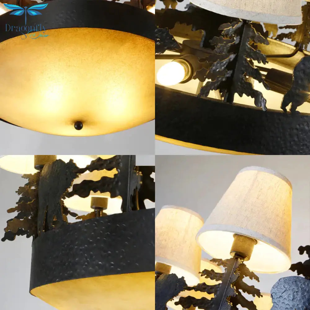 8 Bulbs Bowl Chandelier Light Country Black Opal Glass Hanging Ceiling Fixture With Cone Fabric