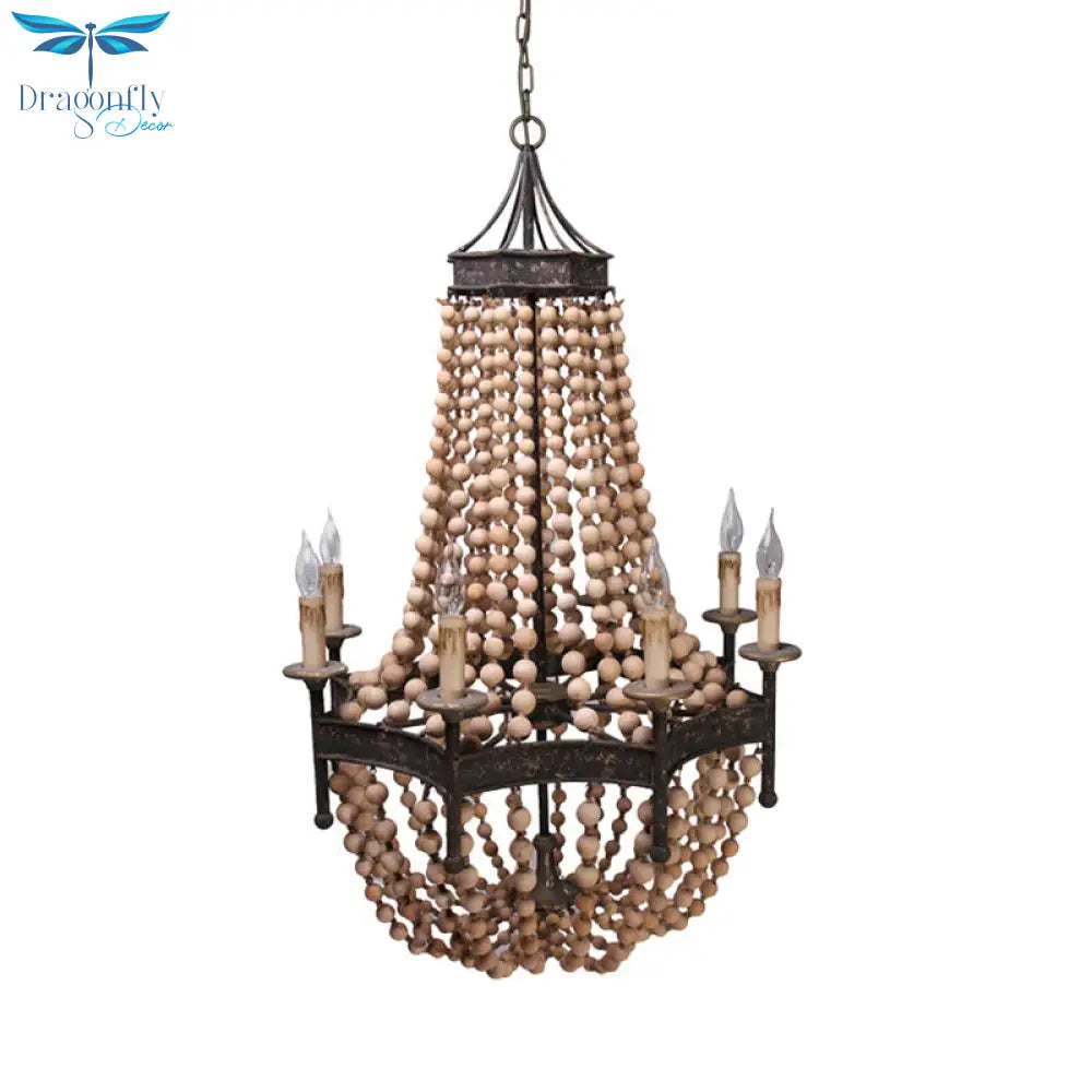 8 Heads Candle Ceiling Chandelier Traditional Wood Suspended Lighting Fixture In Beige