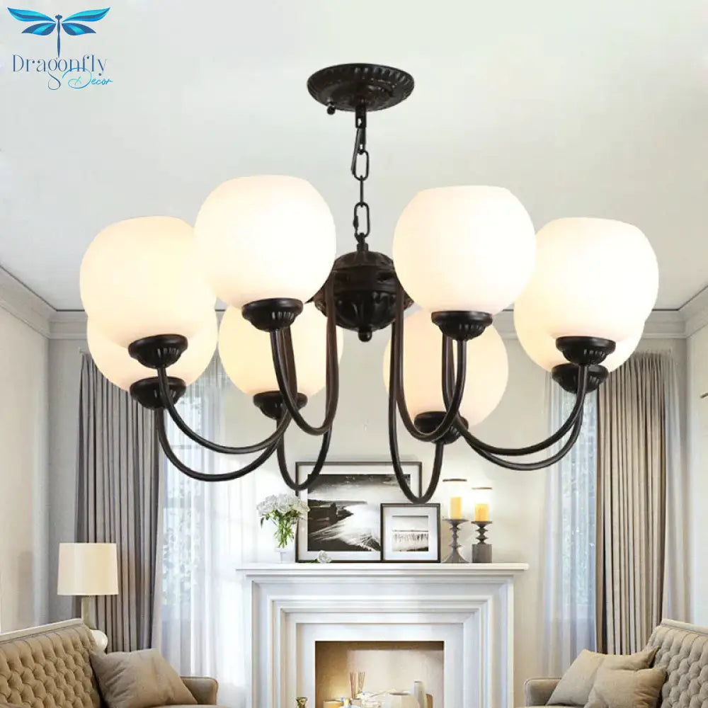 8 Lights Globe Chandelier Pendant Light Traditional Black Finish White Glass Up Hanging Lamp